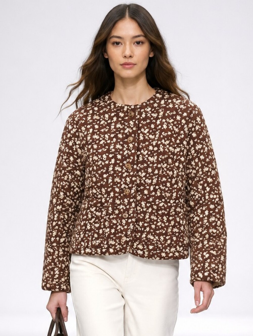 Stitch + Feather Brown Floral Quilted Crop Jacket Small Cotton